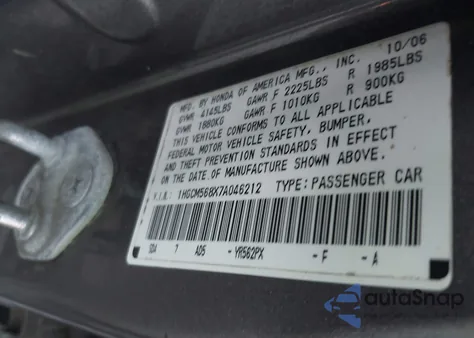 2007 Honda Accord 2.4 Ex from USA, damaged, VIN 1HGCM568X7A046212
